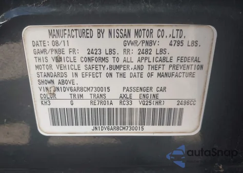 2012 Infiniti G25X from USA, damaged, VIN JN1DV6AR8CM730015